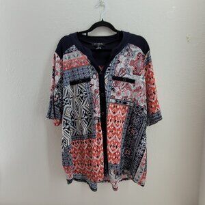 Elie McCarthy Top Women's Plus 2x Blue Multicolor Popover Blouse